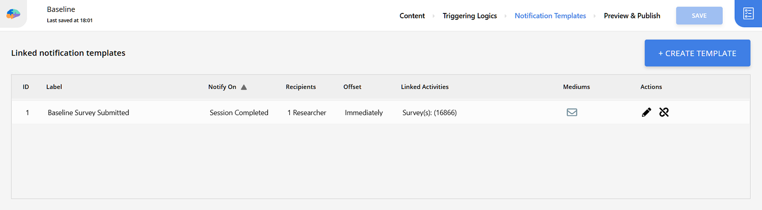 Activity editor with a "Session Completed" notification template linked