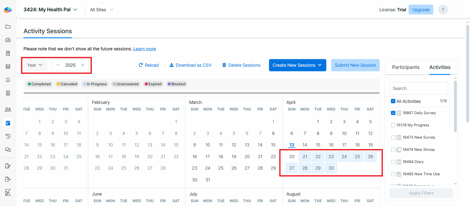 Activity Sessions in "Year" view with the generated sessions