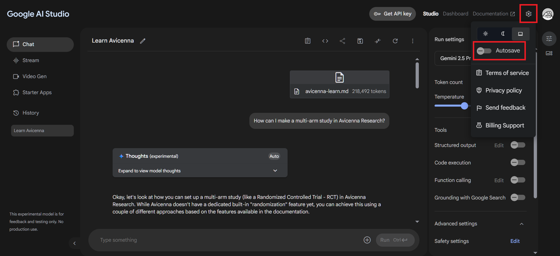 "Autosave" option in Google AI Studio