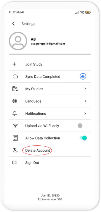 Settings Menu on Avicenna app