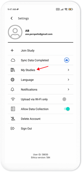Tap on My Studies from the Settings