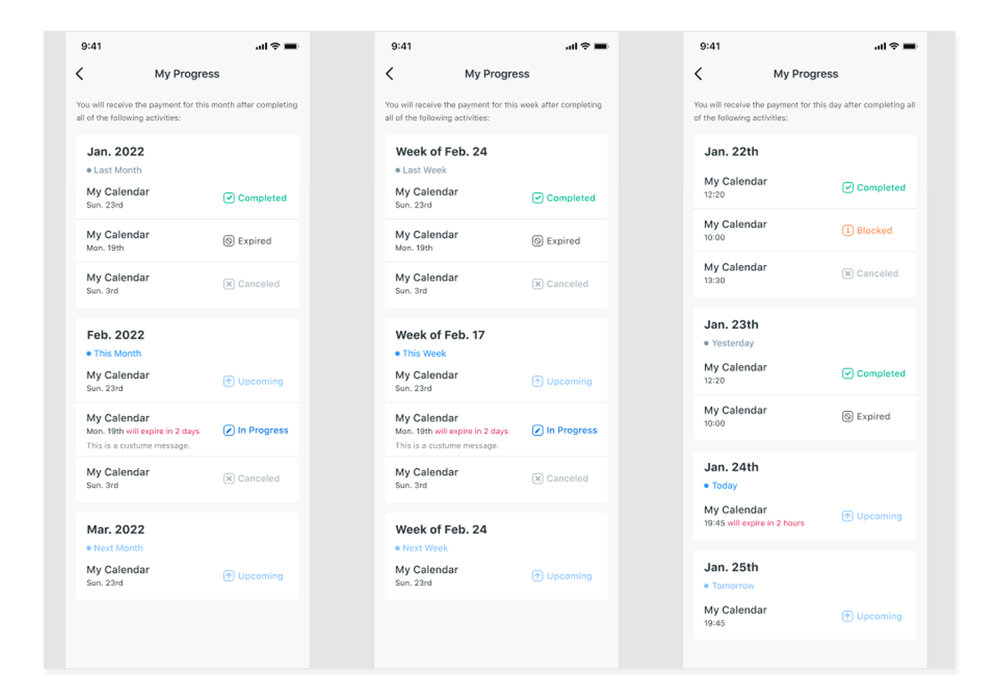 Three sample results of setting Participants Progress Page to Monthly, Weekly, and Daily respectively from left to right.