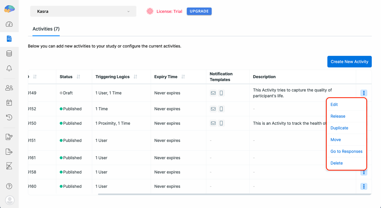 Activity-related Actions on the Activities page