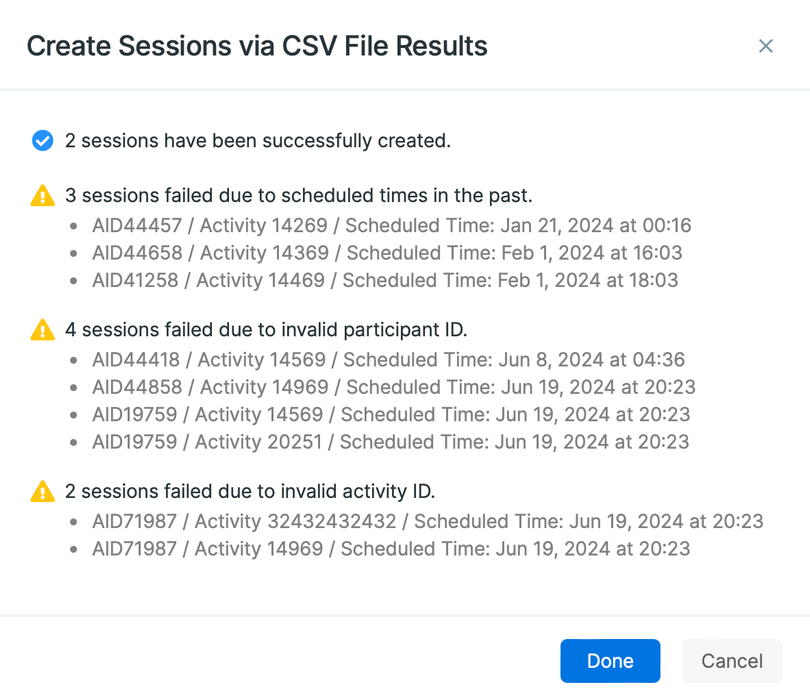 Create Sessions via CSV File Results