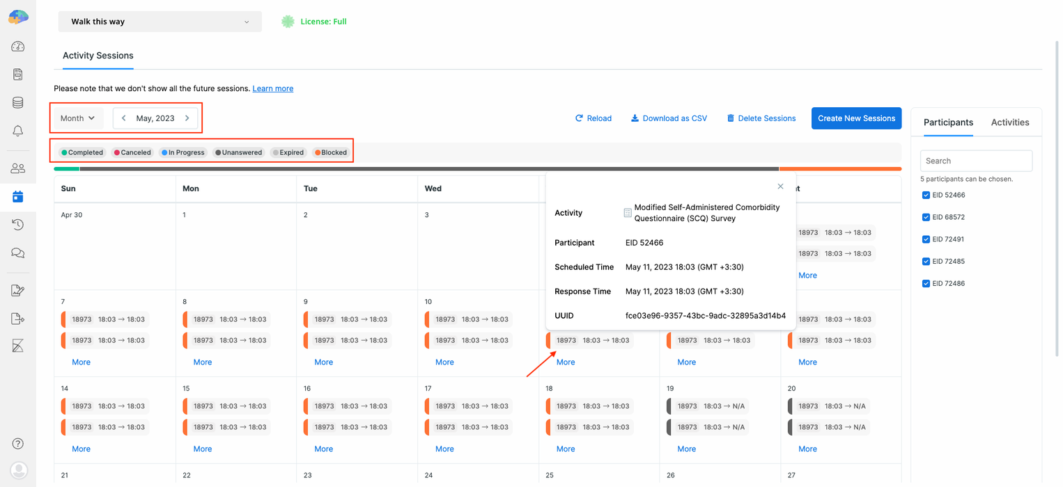 Viewing the sessions on the Activity Sessions page