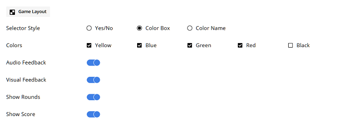 Game Layout Settings of the Stroop Activity Editor