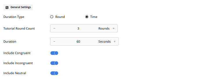 General Settings of the Stroop Activity Editor - Time Duration