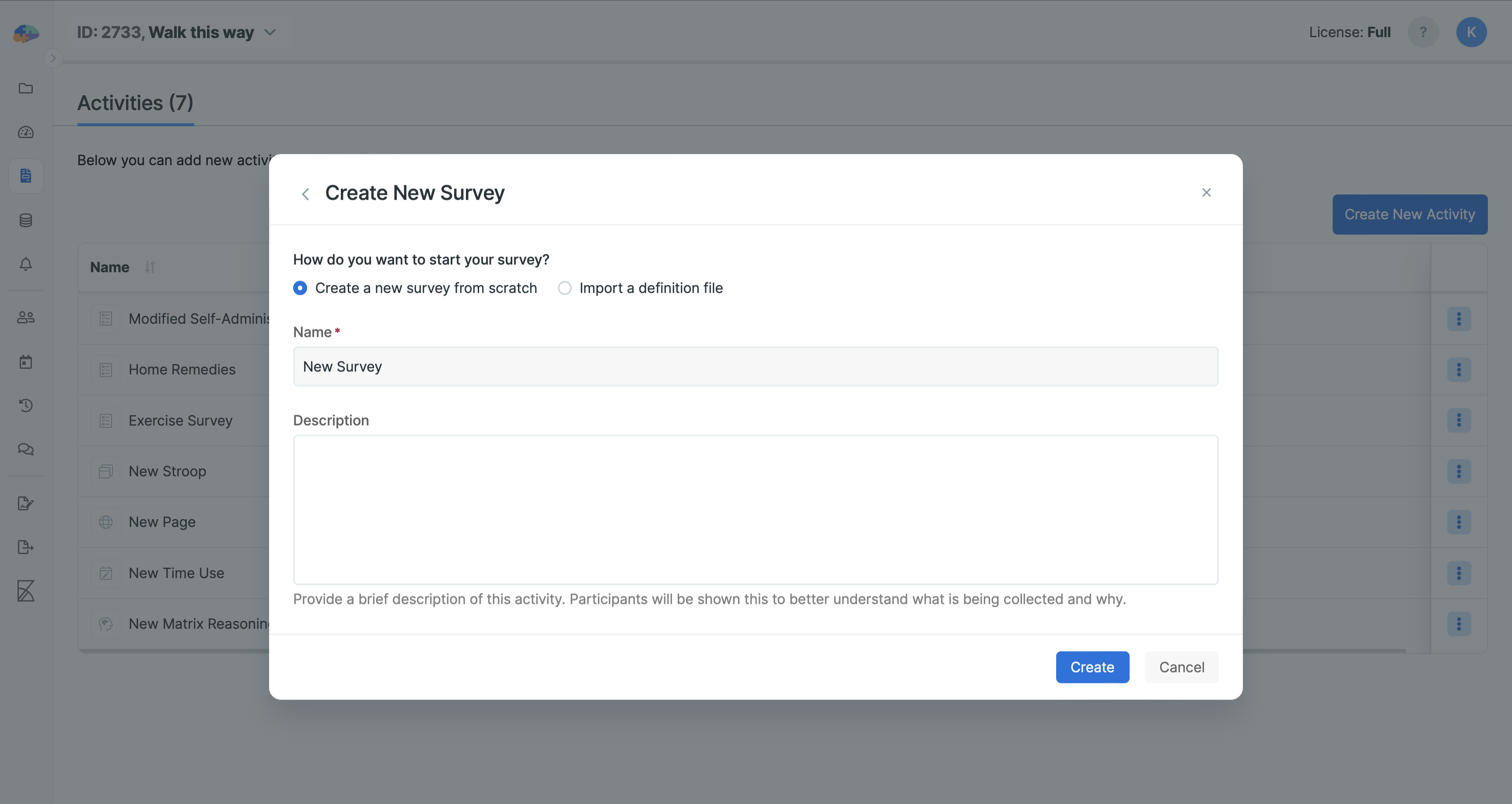 Creating or Importing a Survey on the Activities page