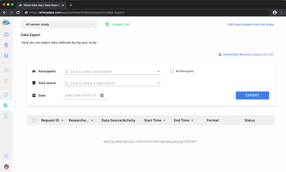 Data Export page in Avicenna Researcher Dashboard