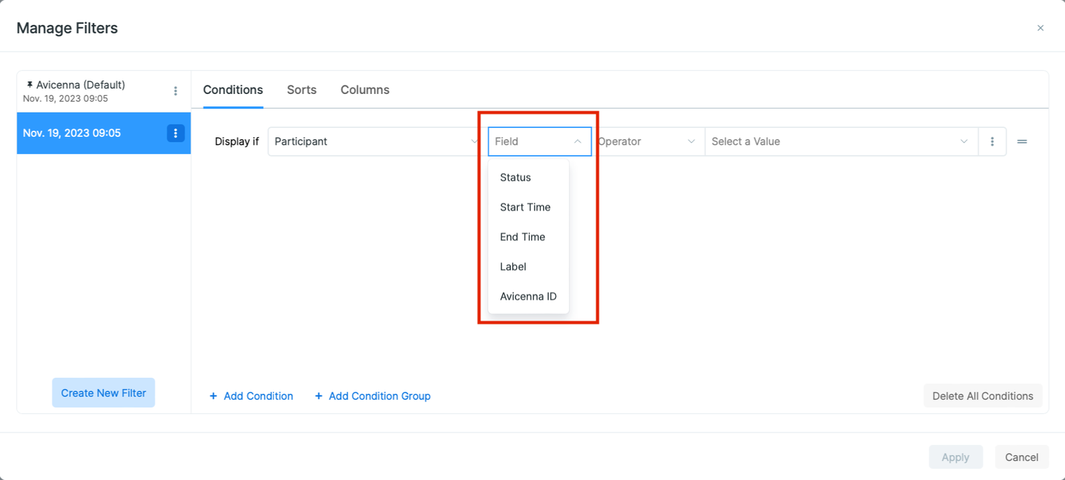 Field as a part of Conditions tab