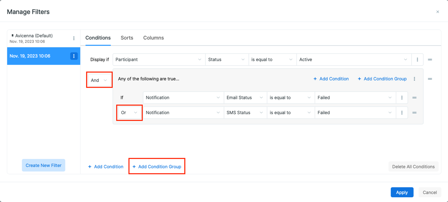 Adding Condition Group in the Data Filtering