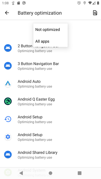 Battery Optimization screen - All apps option