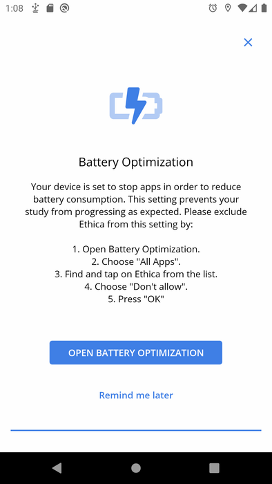 Avicenna instructs participants to disable Battery Optimization