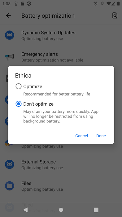 Battery Optimization screen - Don&#39;t Optimize option