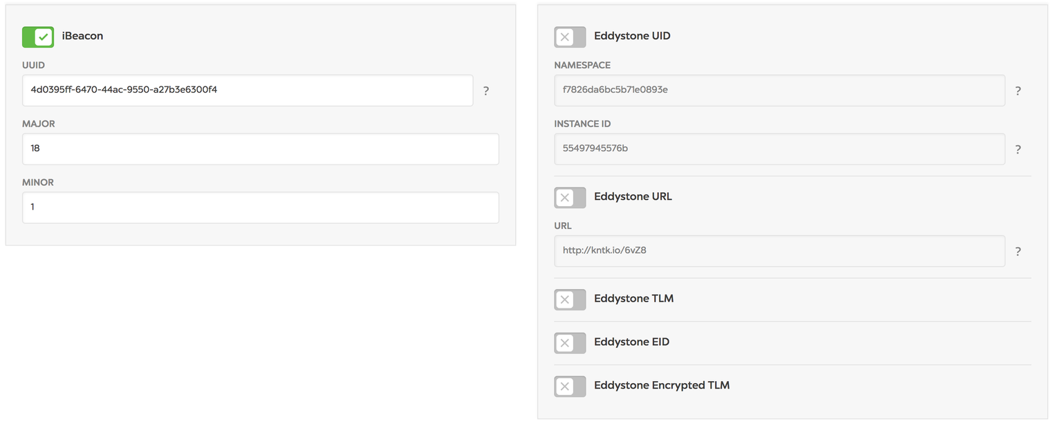 Configuration for One iBeacon in Kontakt.IO