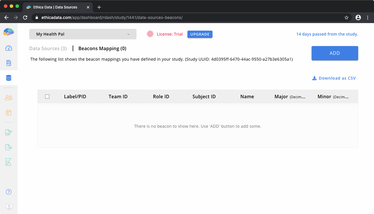 Beacon Mapping tab of Data Sources page in Avicenna Researcher Dashboard