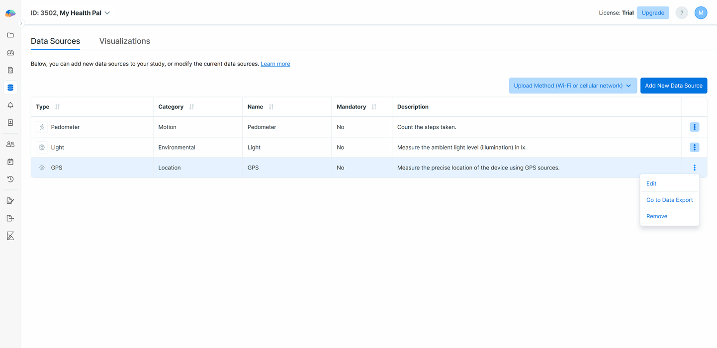 Menu options for a data source