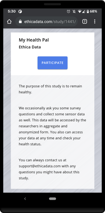 Avicenna web app study home page enrollment dialog in Android