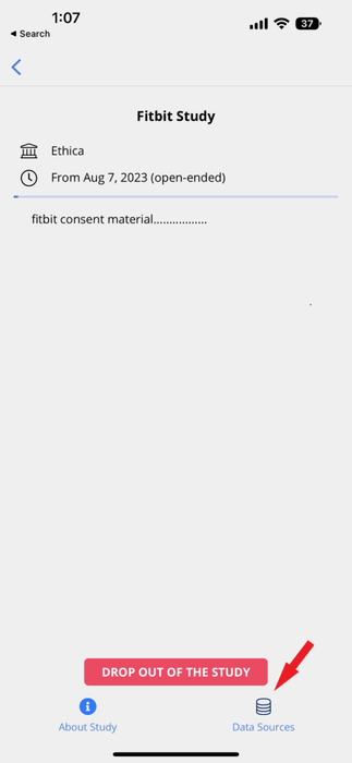 Study&#39;s Data Sources page in the Avicenna app