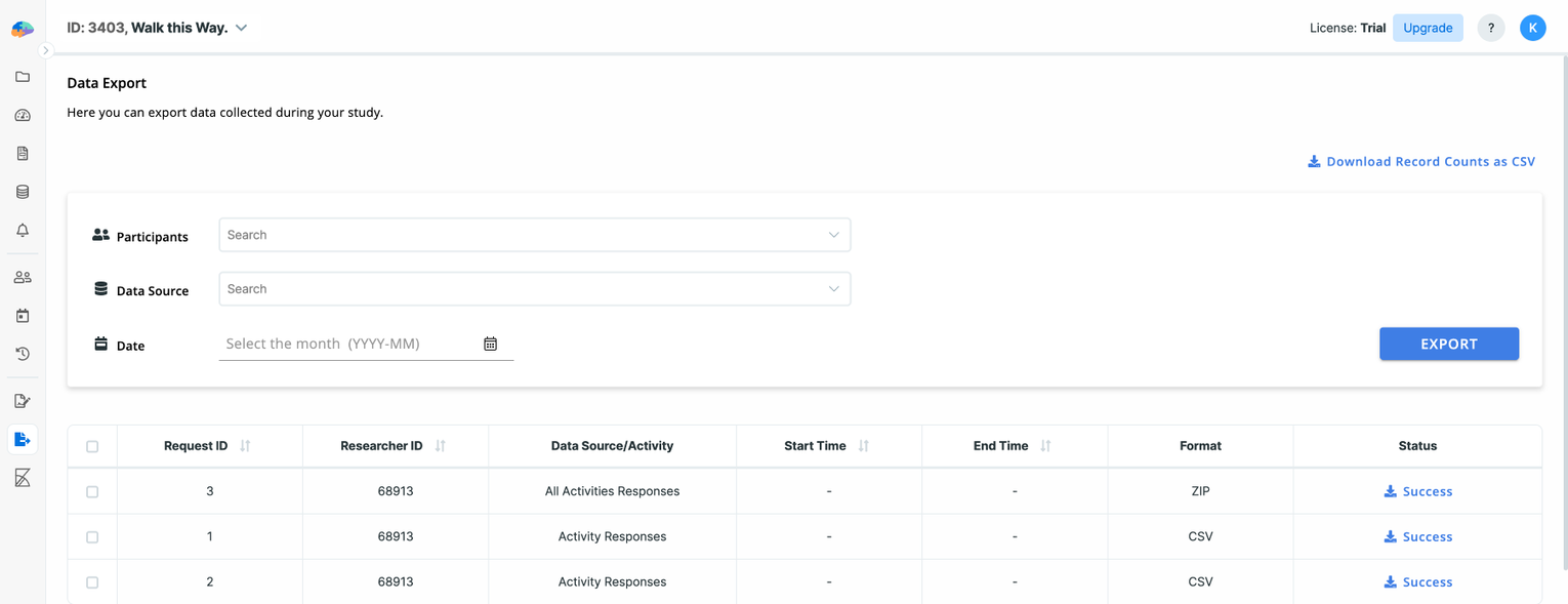 Avicenna Data Export page