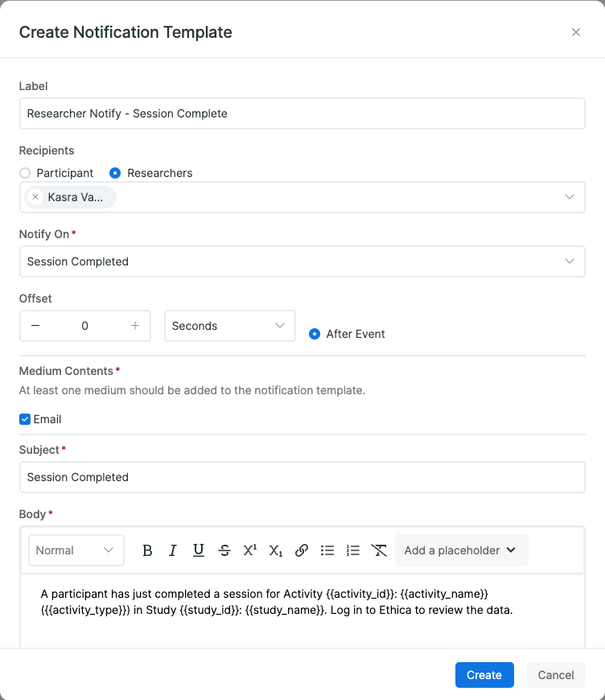 Notifying a researcher about a completed session through an Email notification