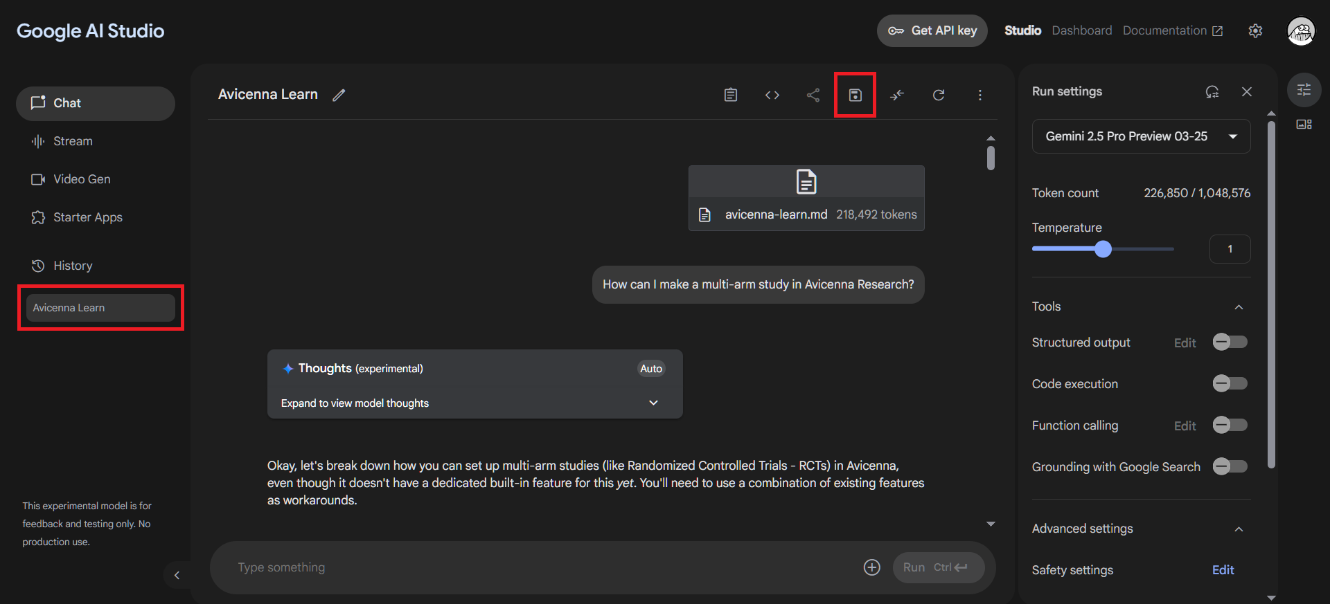 &quot;Save&quot; button in Google AI Studio