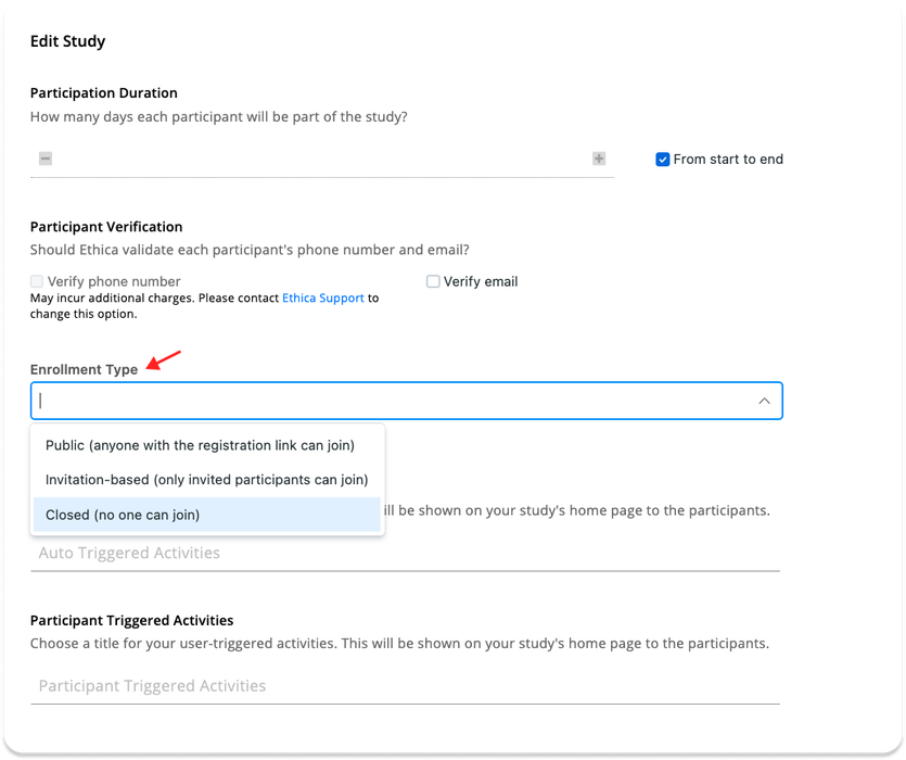 Changing the Enrollment Type of the study