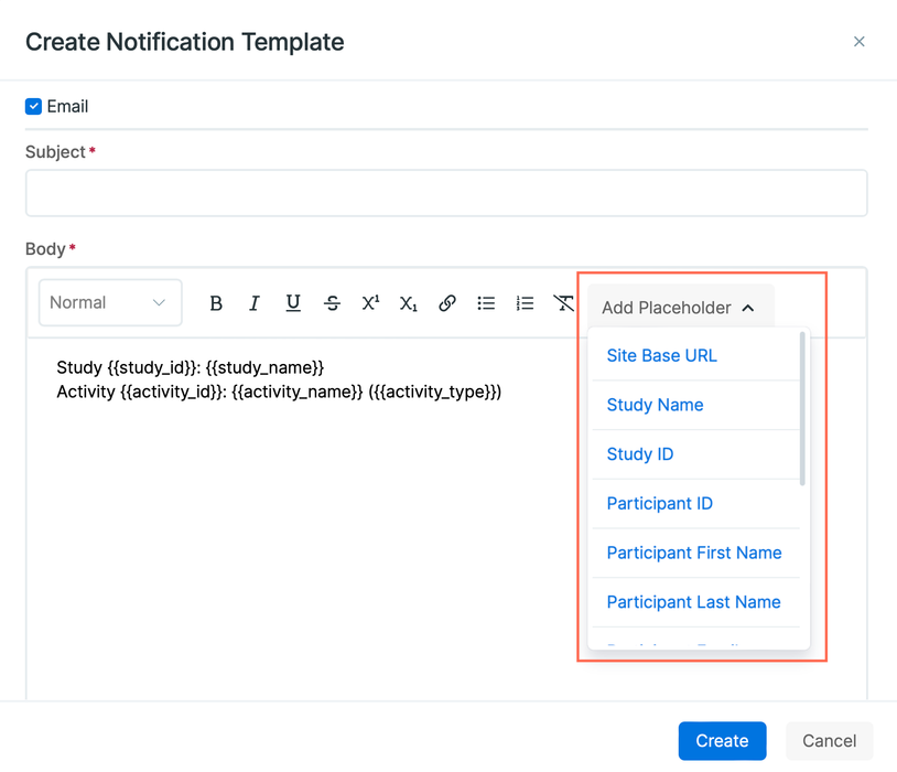 Adding placeholder to content of your notification template