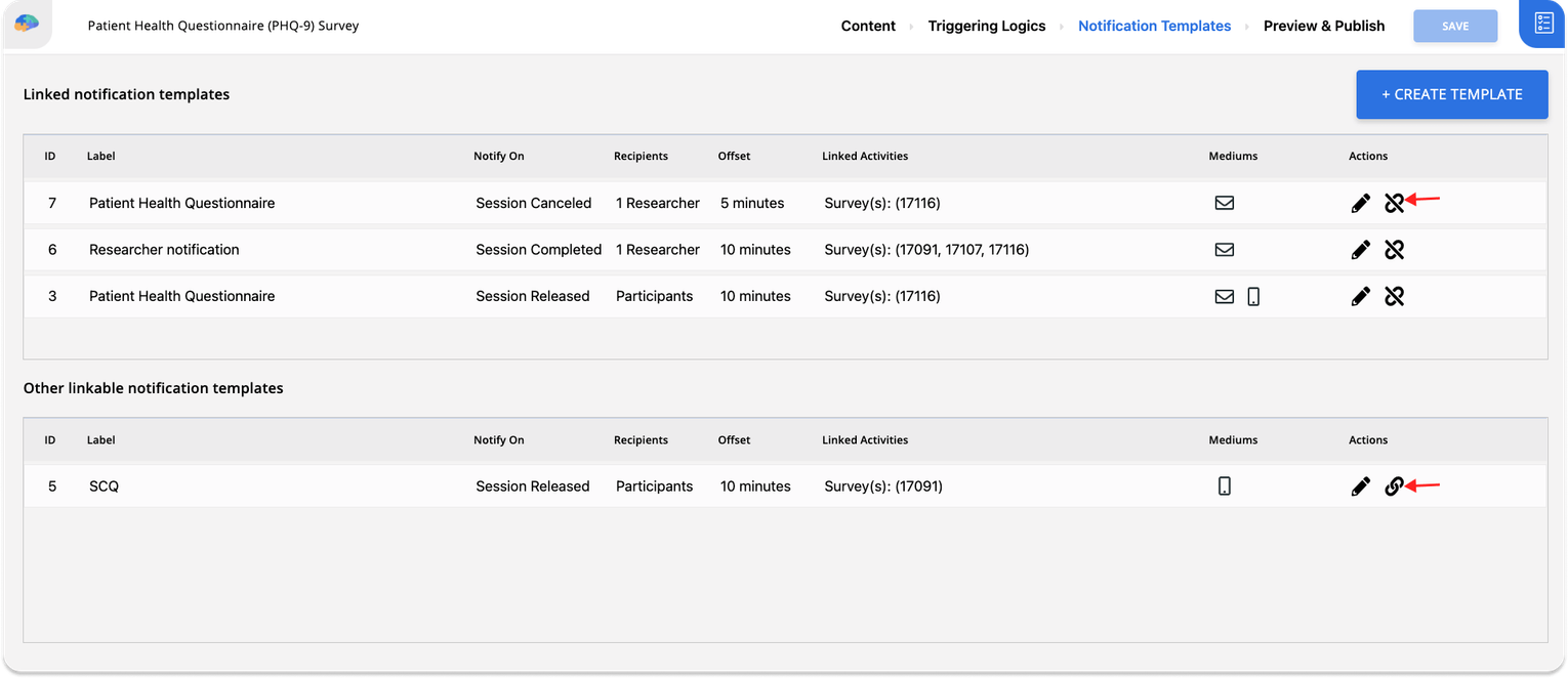 Linking and unlinking a notification template