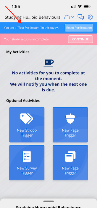 Test participant banner on the study&#39;s homepage