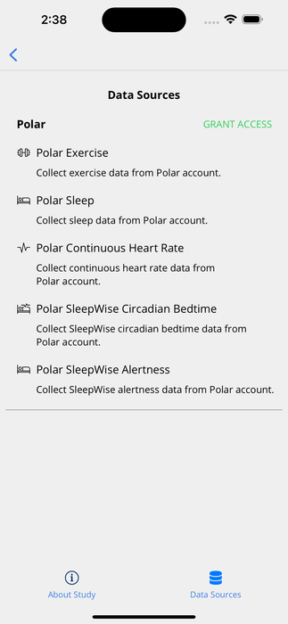 Granting access to Polar on the Data Sources page