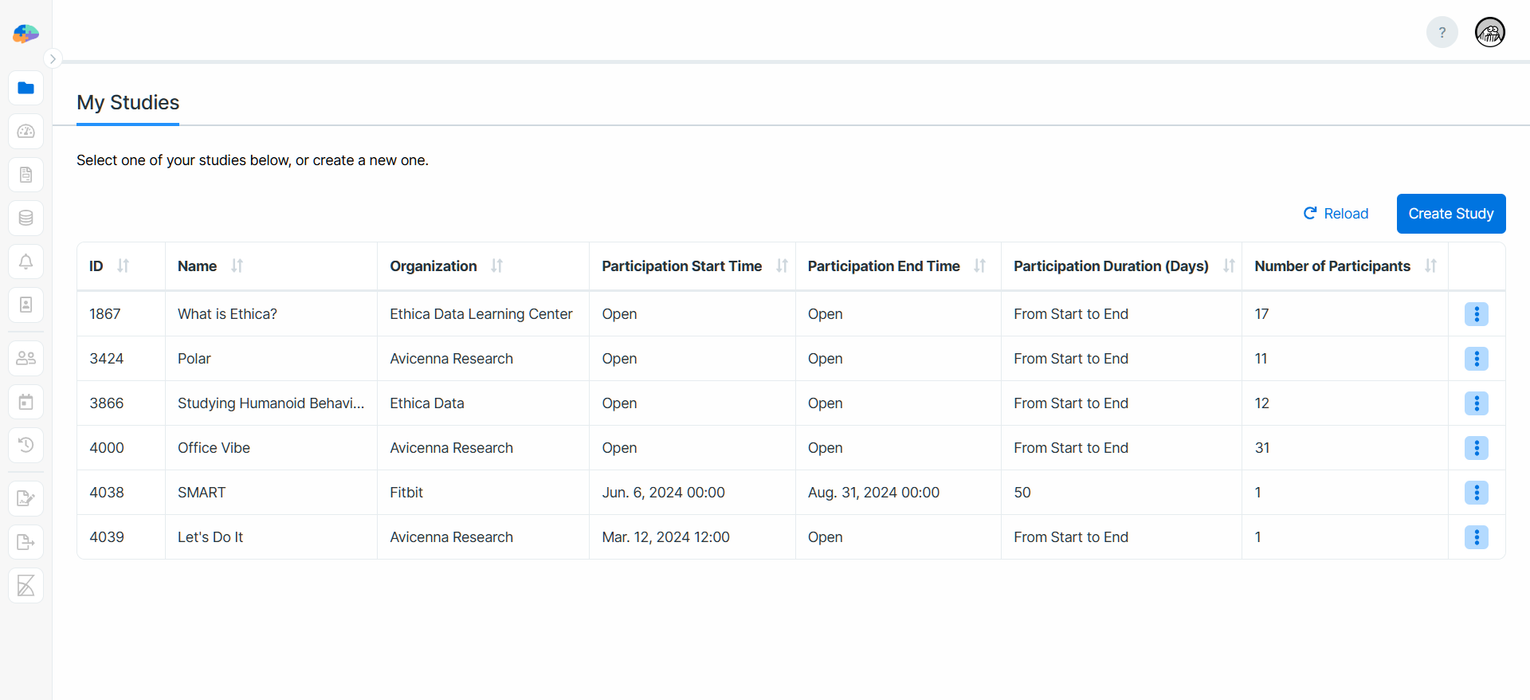 My Studies page in Avicenna researcher dashboard