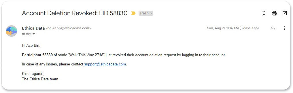 Email Notifying Researchers of Participants&#39; Account Deletion Revocation