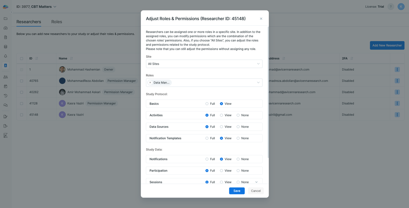 Adjusting Researcher Permissions