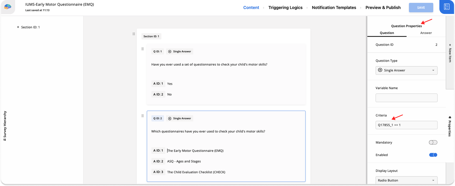 Using Criteria to Change the Questions Flow