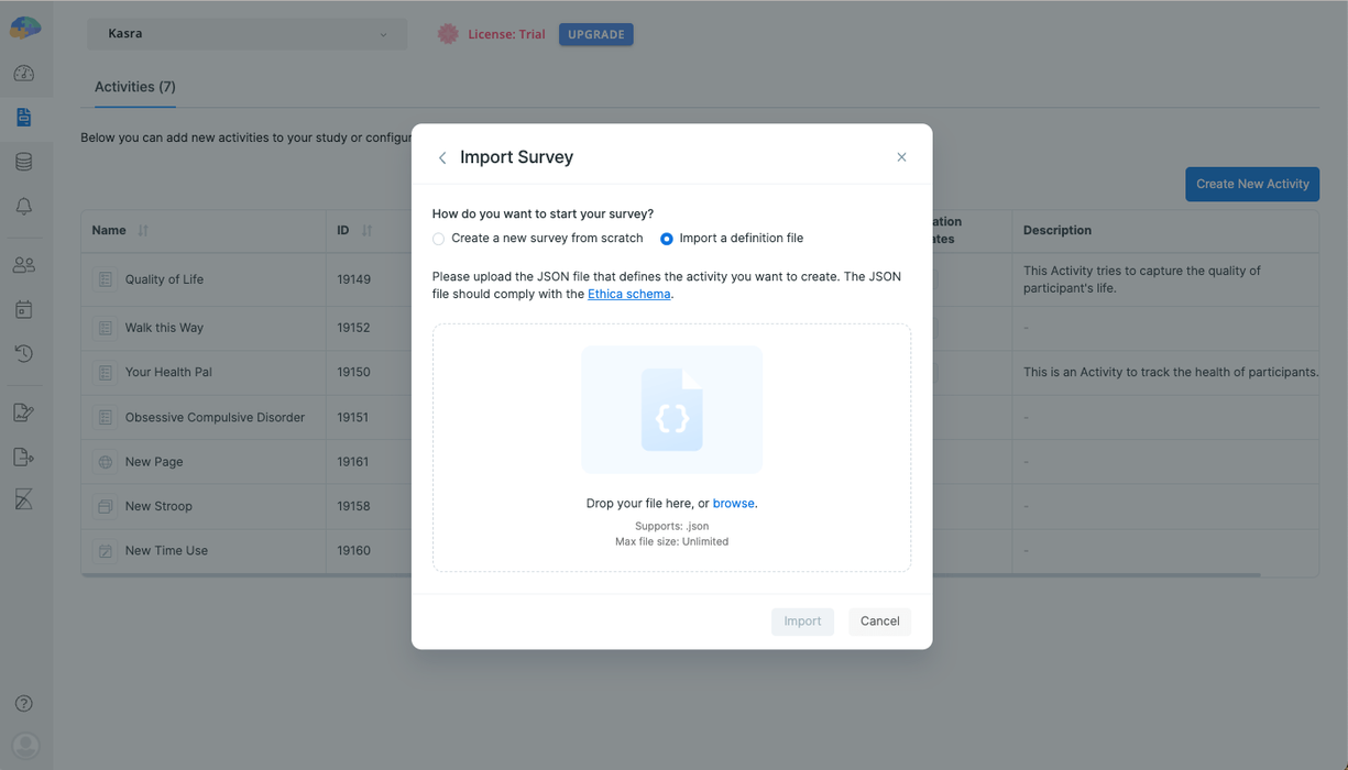 Import dialog in the Activities page