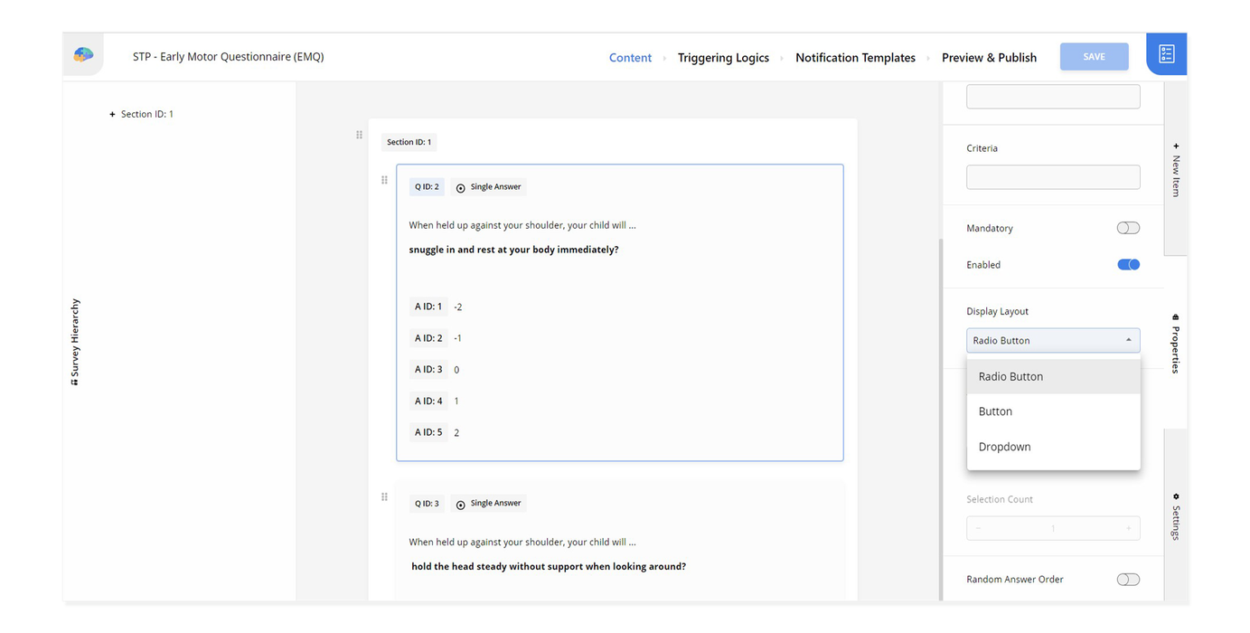 Display layout options for a Single Answer question