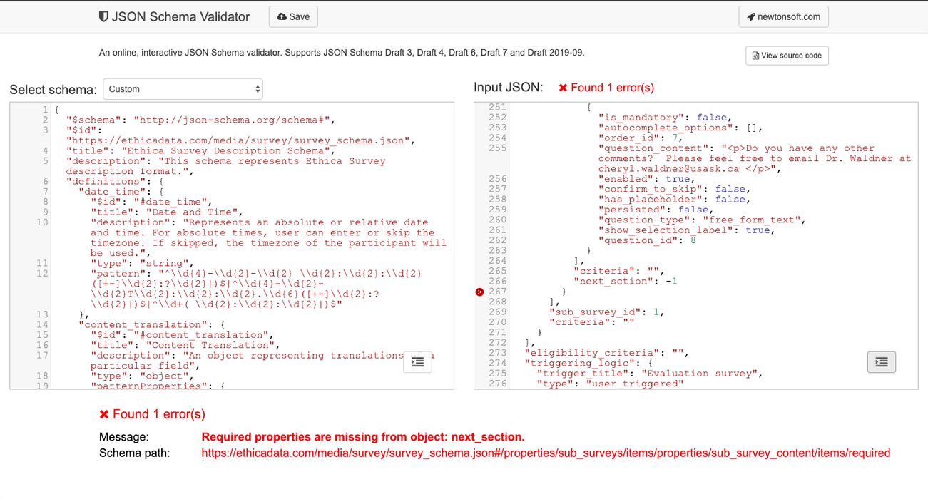 Validate Survey Definition File content using JSON validation tools