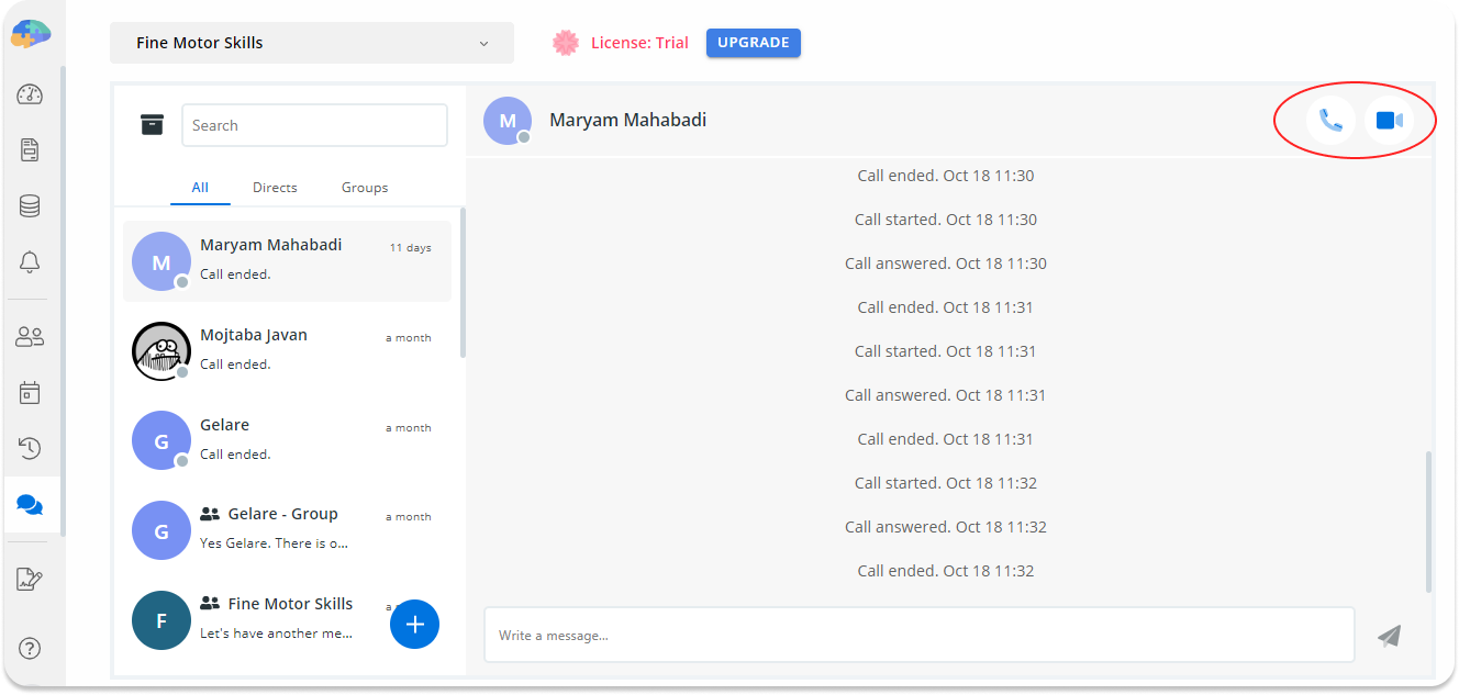 Audio and video call button on the researcher chat screen