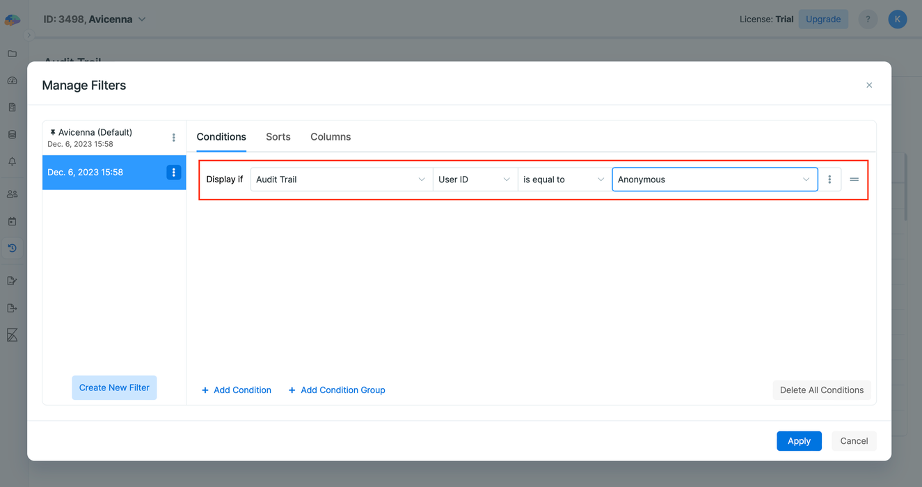 Filtering Anonymous Participants on Audit Trial page