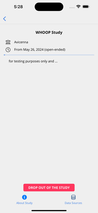 Study&#39;s Data Sources page in the Avicenna app