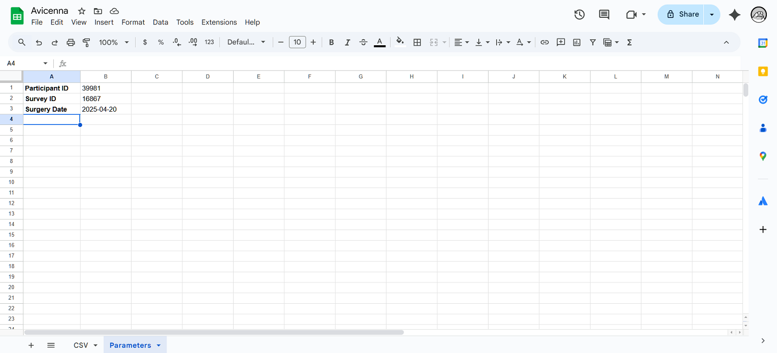 Parameters sheet