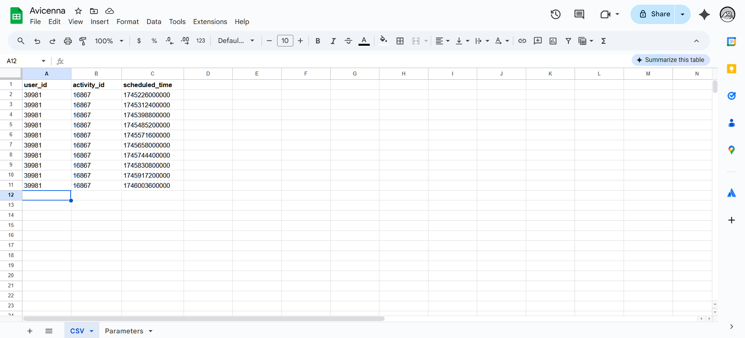 CSV sheet