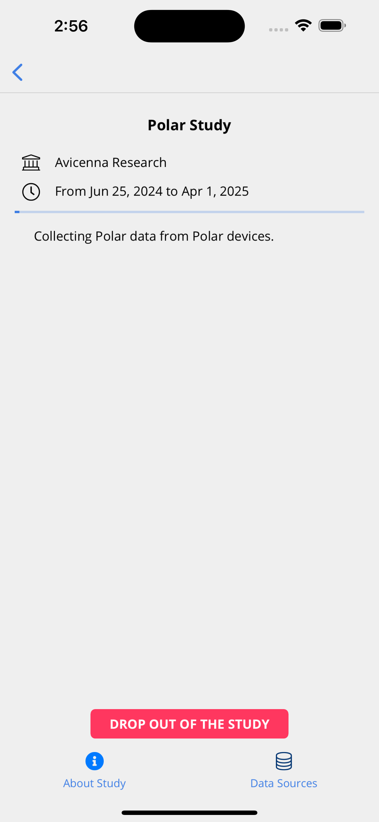 Study's Data Sources page in the Avicenna app