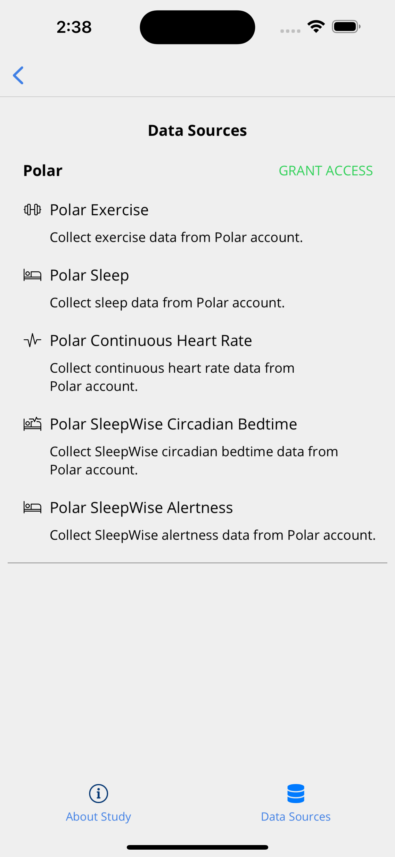 Granting access to Polar on the Data Sources page