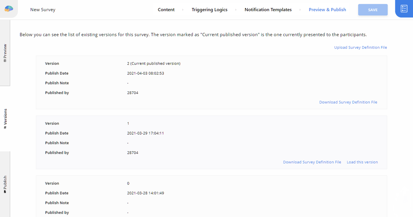 List of Survey Versions in the Survey Editor Preview & Publish section