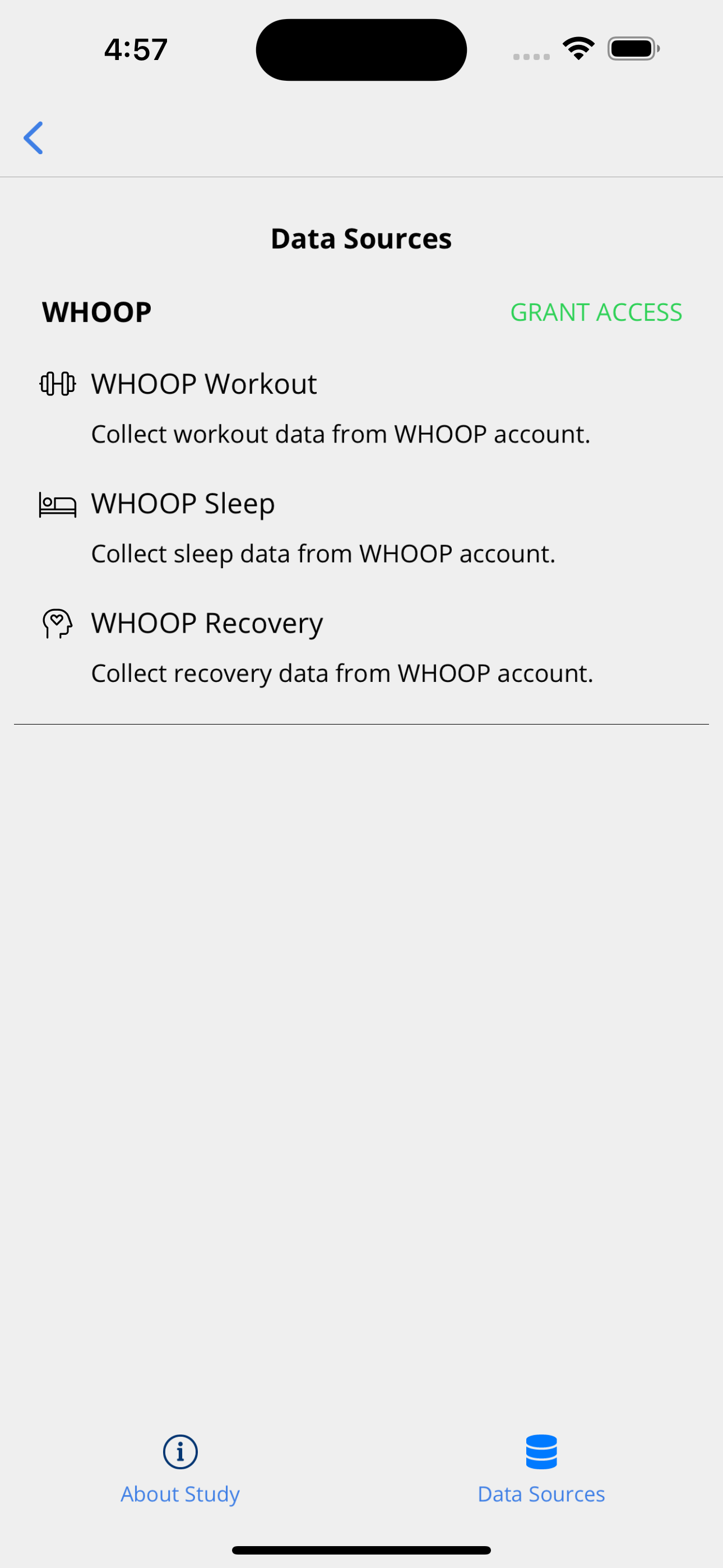 Granting access to WHOOP on the Data Sources page